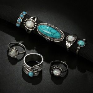 Boho Vintage Silver and Turquoise 8 Pcs Ring Set